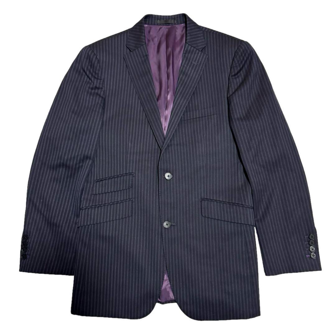 美品バーバリー ブラックレーベル スーツ ダブル 40R 3ピース ネイビー 紫