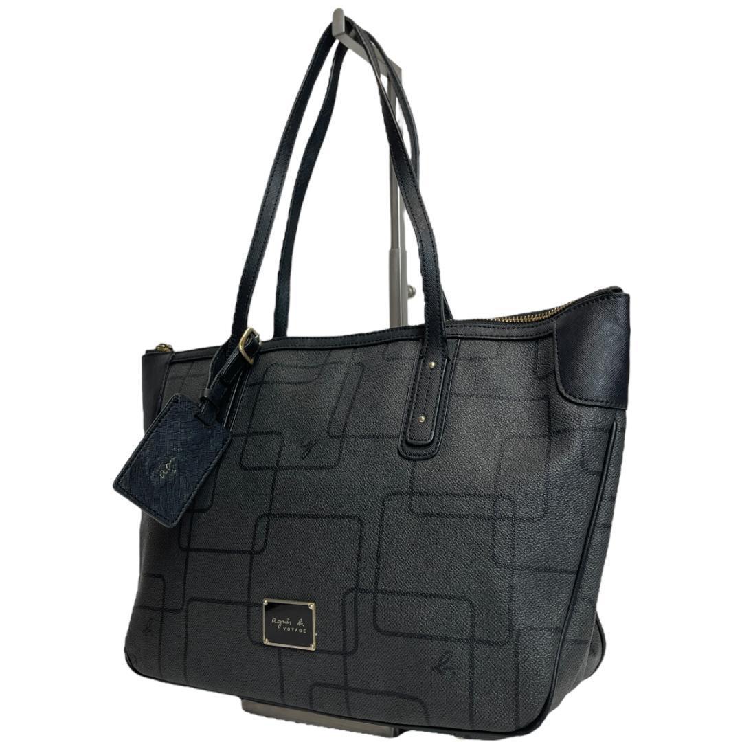 美品 agnes b 2704 トートバッグ A4可能 総柄 PVC ネームタグ