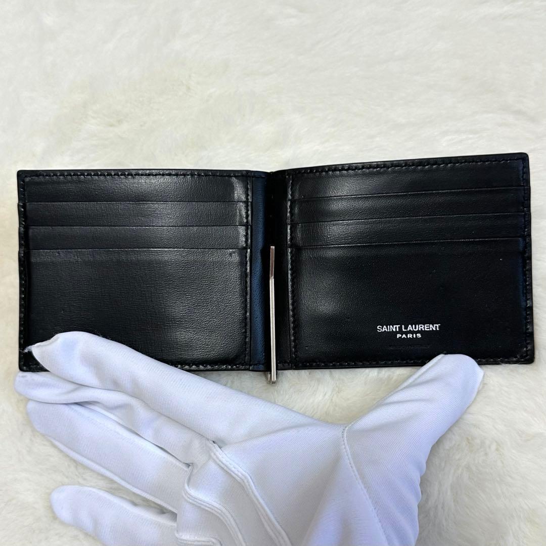 美品★サンローラン マネークリップ 二つ折り財布 カサンドラ シルバー レザー