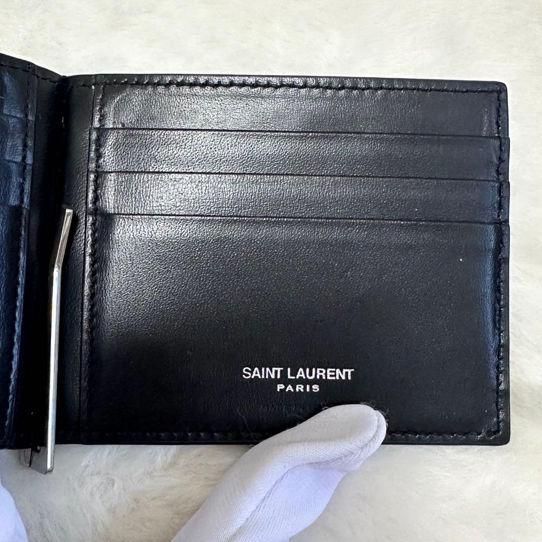 美品★サンローラン マネークリップ 二つ折り財布 カサンドラ シルバー レザー