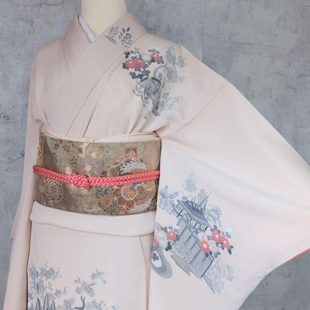 訪問着　フルセット　着物　正絹　薄ピンク　トールサイズ　茶屋辻　友禅　花　F7