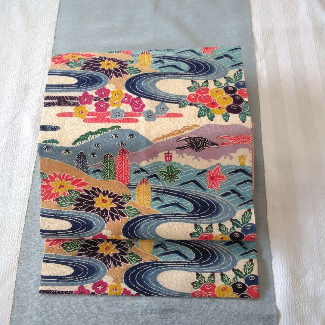 ⭐️お客様決定⭐️型染めの名古屋帯▪アイボリー地紅型風流水、菊、松竹梅で鮮やかな