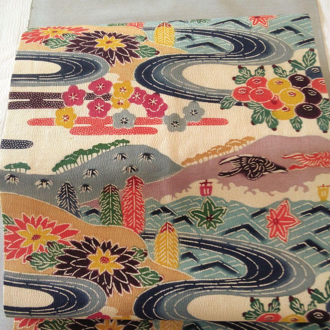 ⭐️お客様決定⭐️型染めの名古屋帯▪アイボリー地紅型風流水、菊、松竹梅で鮮やかな
