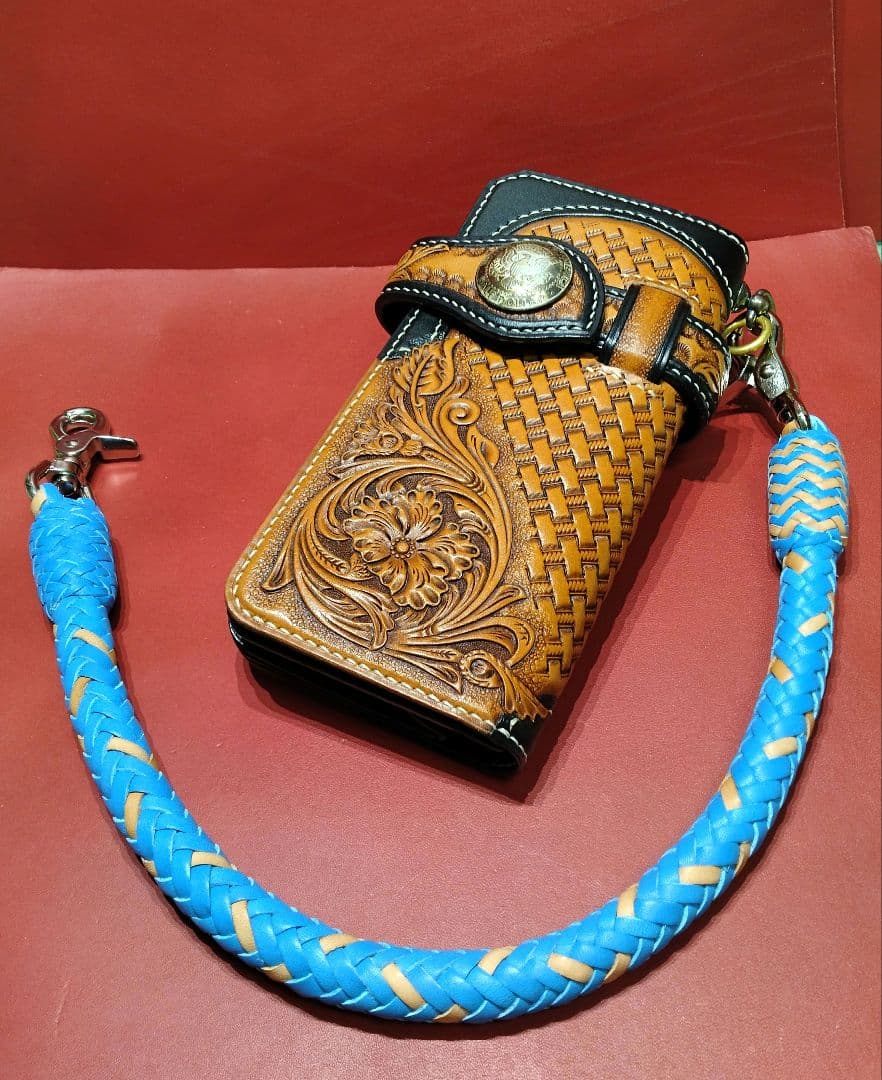 ★Muny様★ウォレットロープ極太☆ヌメ革ブルー×ナチュラル☆12本編み