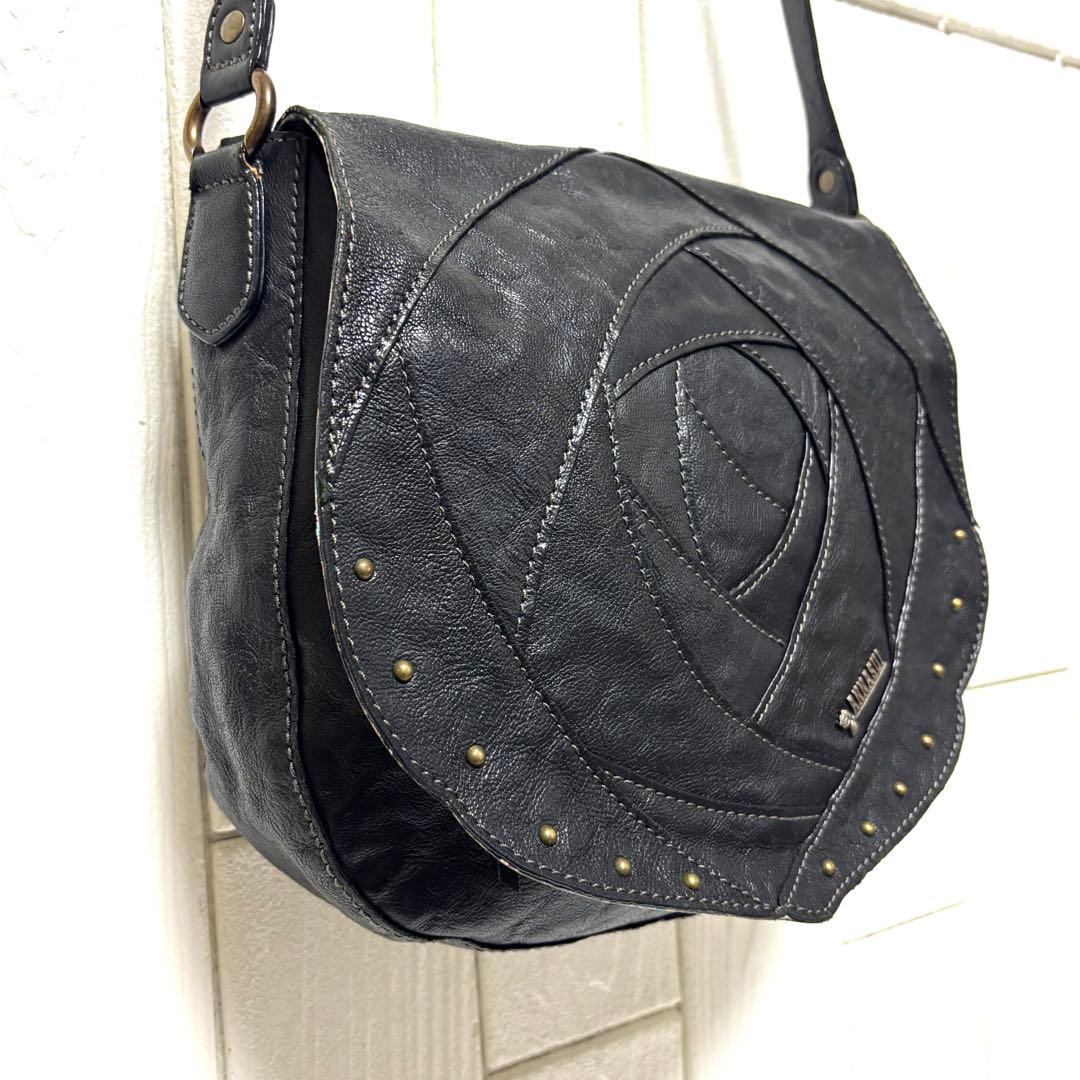 美品 ANASUI アナスイ ショルダーバッグ ローズウッド 本革 花柄 黒