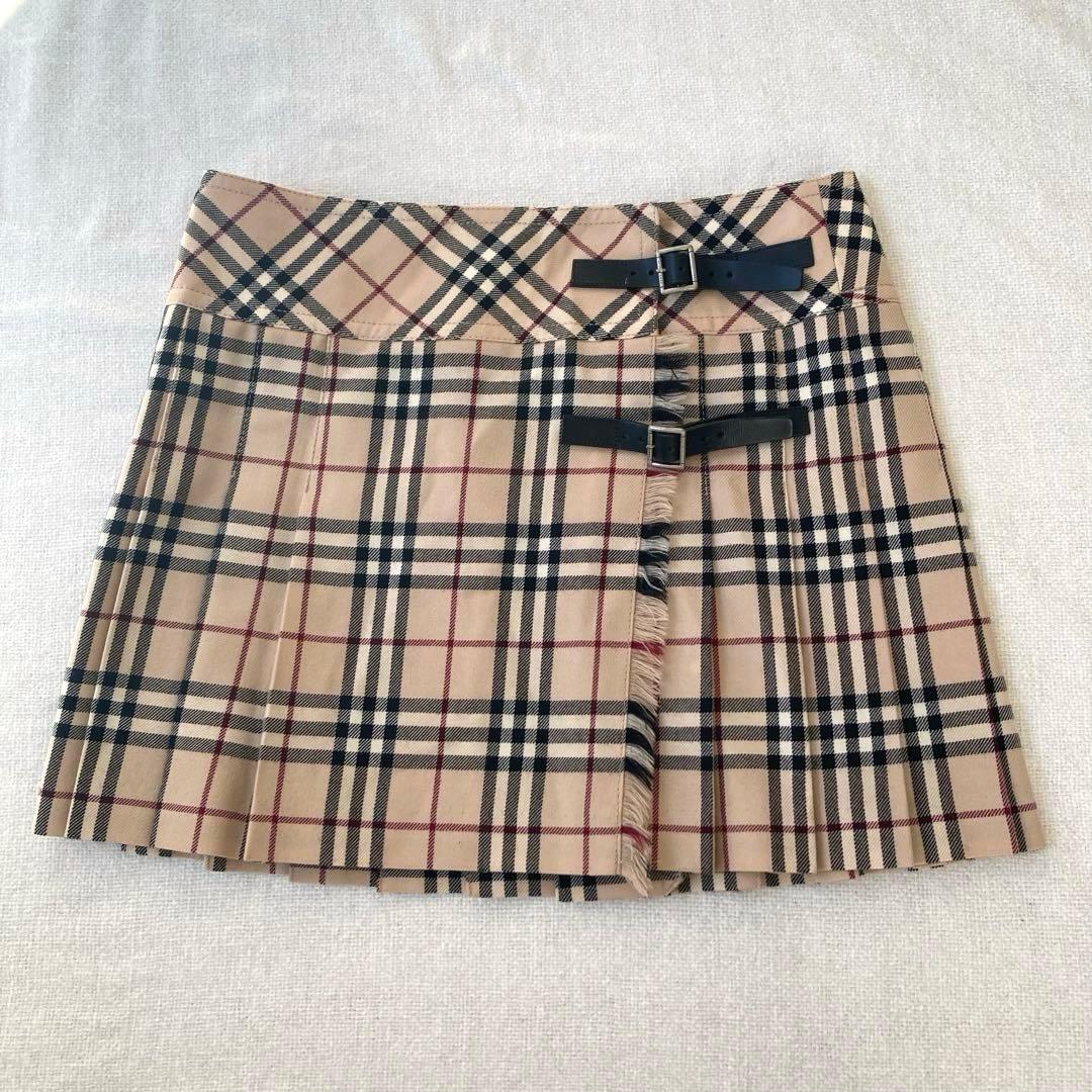 バーバリーブルーレーベル　プリーツスカート　ノバチェック　ベルト　フリンジ　38
