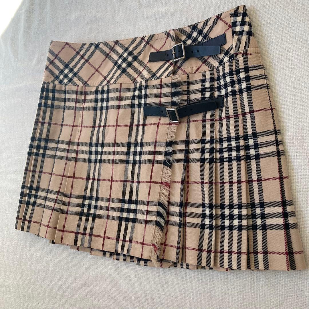 バーバリーブルーレーベル　プリーツスカート　ノバチェック　ベルト　フリンジ　38