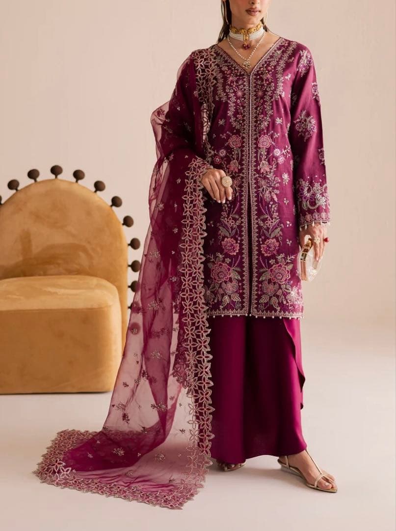 [B-23]プラムボルドー✨シルク刺繍クルタ×フレアチューリップパンツ3点セット