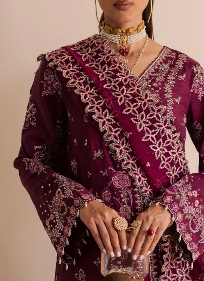 [B-23]プラムボルドー✨シルク刺繍クルタ×フレアチューリップパンツ3点セット