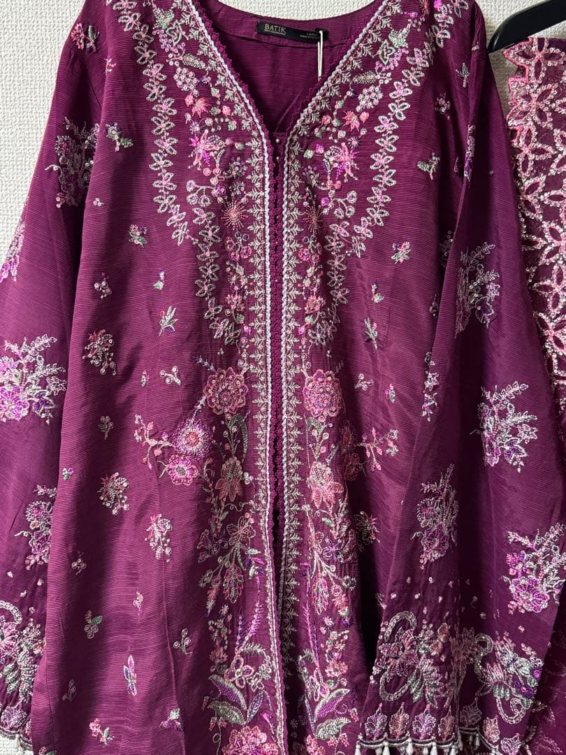 [B-23]プラムボルドー✨シルク刺繍クルタ×フレアチューリップパンツ3点セット