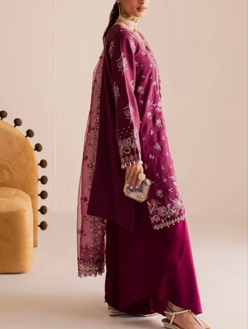 [B-23]プラムボルドー✨シルク刺繍クルタ×フレアチューリップパンツ3点セット