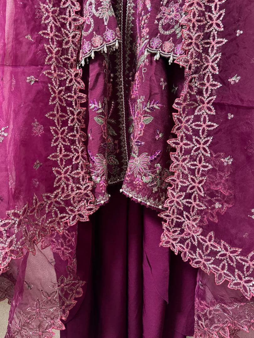 [B-23]プラムボルドー✨シルク刺繍クルタ×フレアチューリップパンツ3点セット