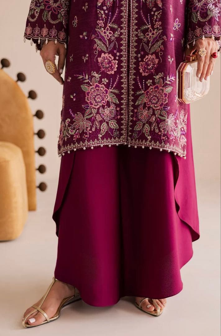 [B-23]プラムボルドー✨シルク刺繍クルタ×フレアチューリップパンツ3点セット
