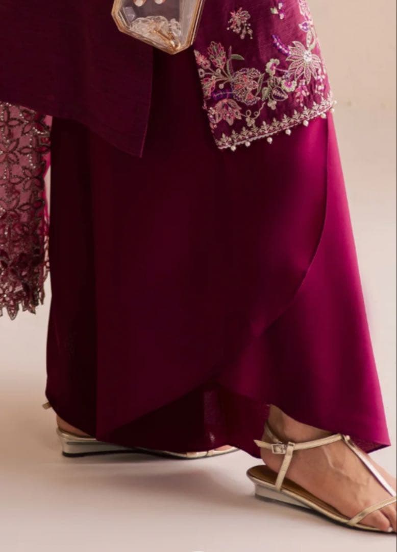 [B-23]プラムボルドー✨シルク刺繍クルタ×フレアチューリップパンツ3点セット
