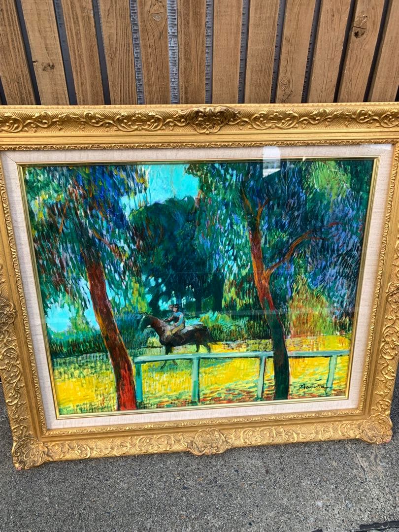 馬の油彩画 12号　深澤孝哉　題　馬のいる風景（ロンシャン）