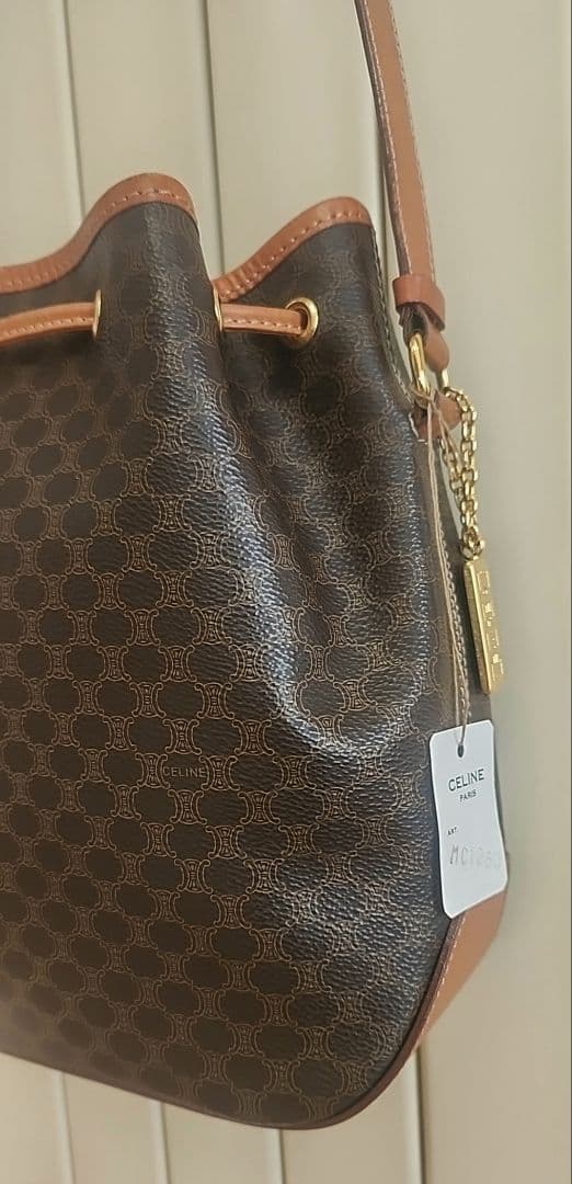 未使用【CELINE】マカダム柄　 巾着 ショルダー バッグ 　ヴィンテージ