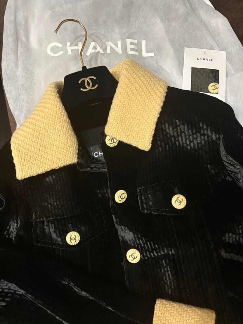 22ＢシャネルＣＨＡＮＥＬベロアジャケット黒クリーム34（Ｓサイズ）Ｐ73311
