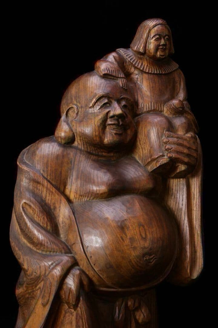 【越後出雲崎の名工・楽意 米眞作】木彫「童子布袋尊像」 高さ45cm 置物