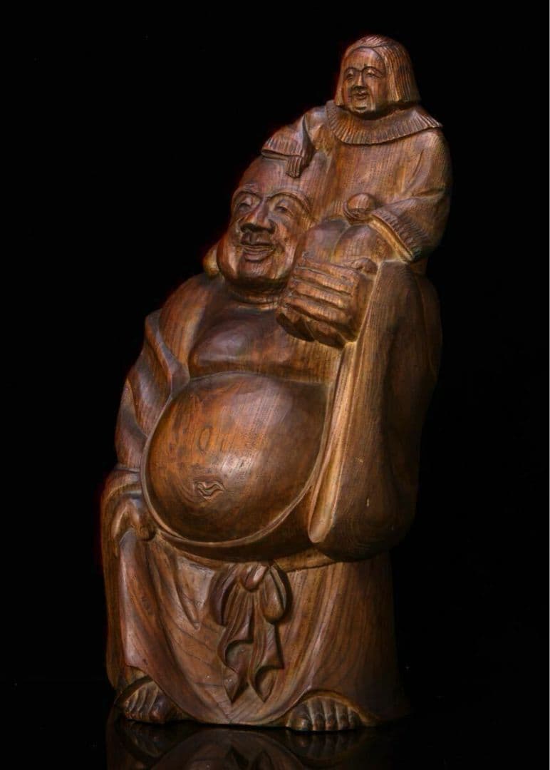 【越後出雲崎の名工・楽意 米眞作】木彫「童子布袋尊像」 高さ45cm 置物
