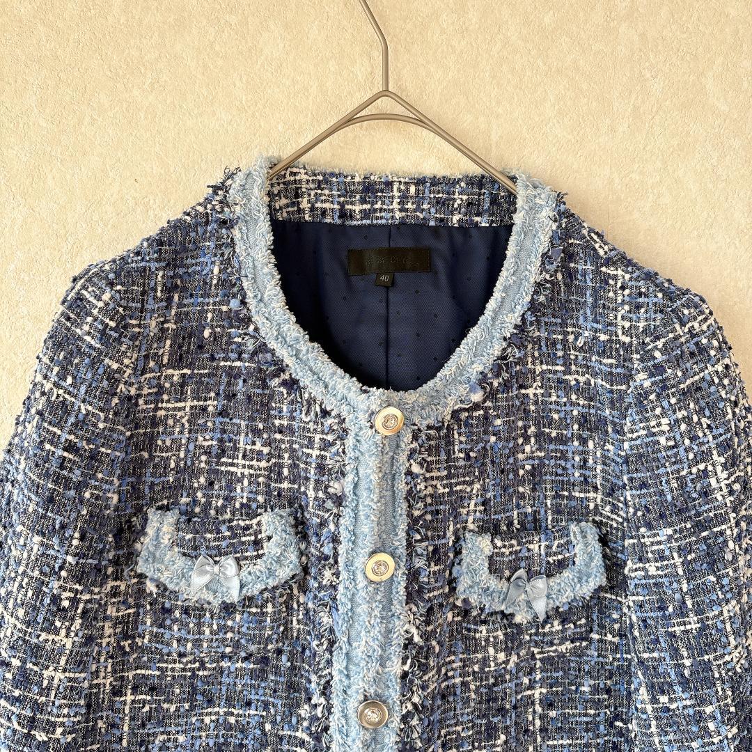 美品⭐️TOBE CHIC フリンジ リボン ノーカラーツイードジャケット L