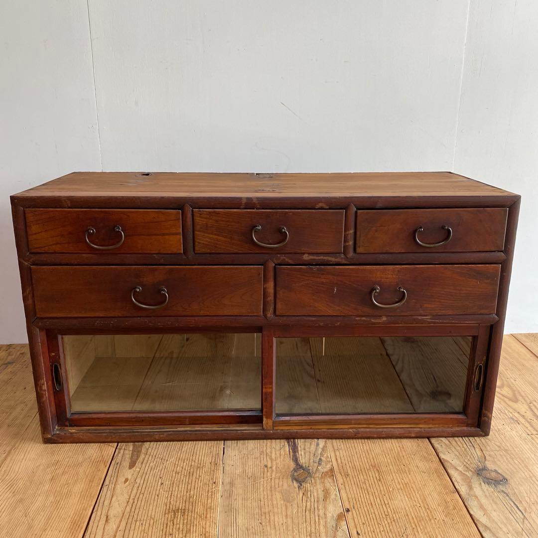 アンティーク ガラス戸 チェスト ローボード テレビ台 レトロ 無垢材 z963