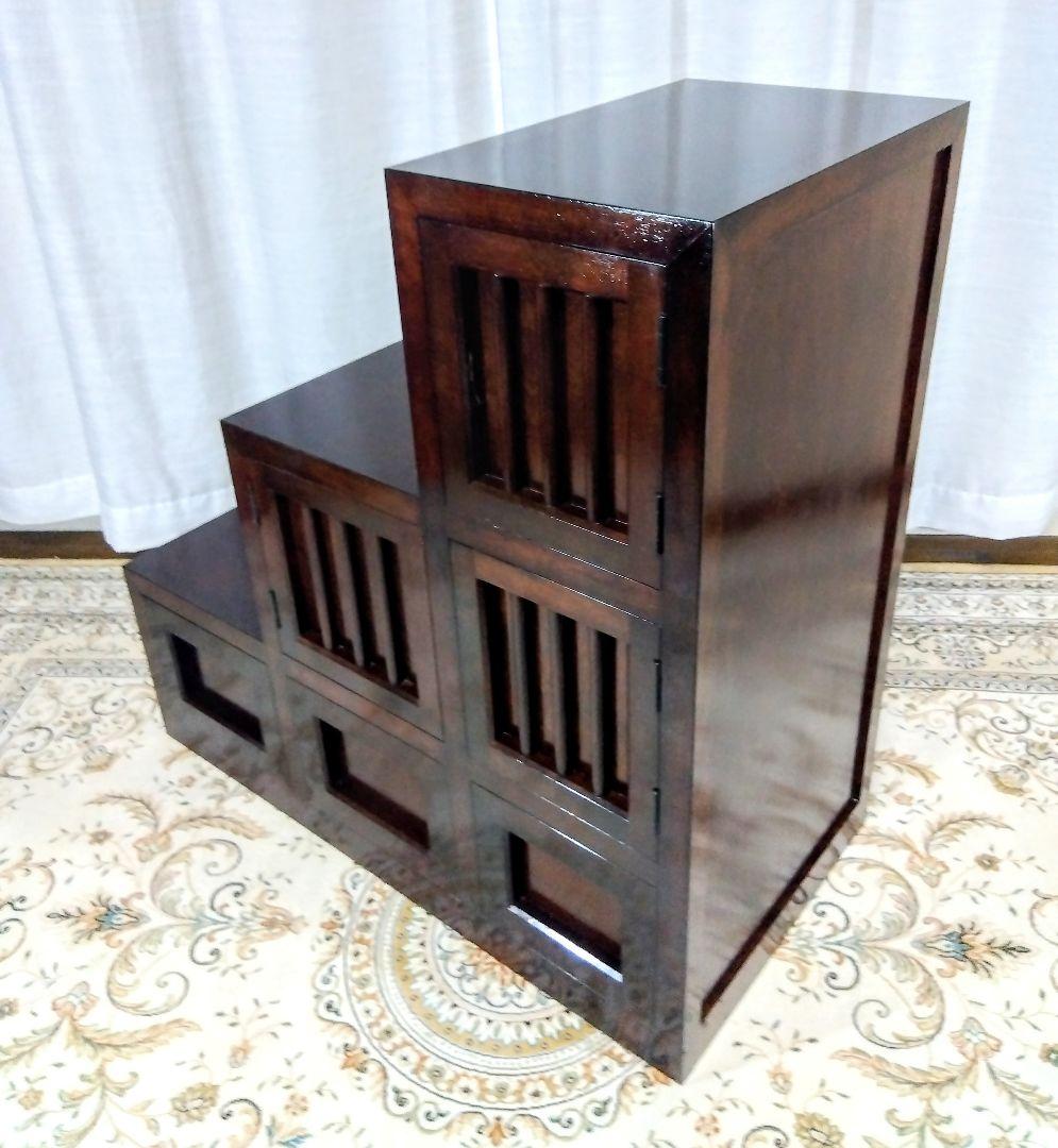 【松本民芸家具】階段箪笥　ミズメザクラ無垢材　職人彫り込みサイン　時代箪笥