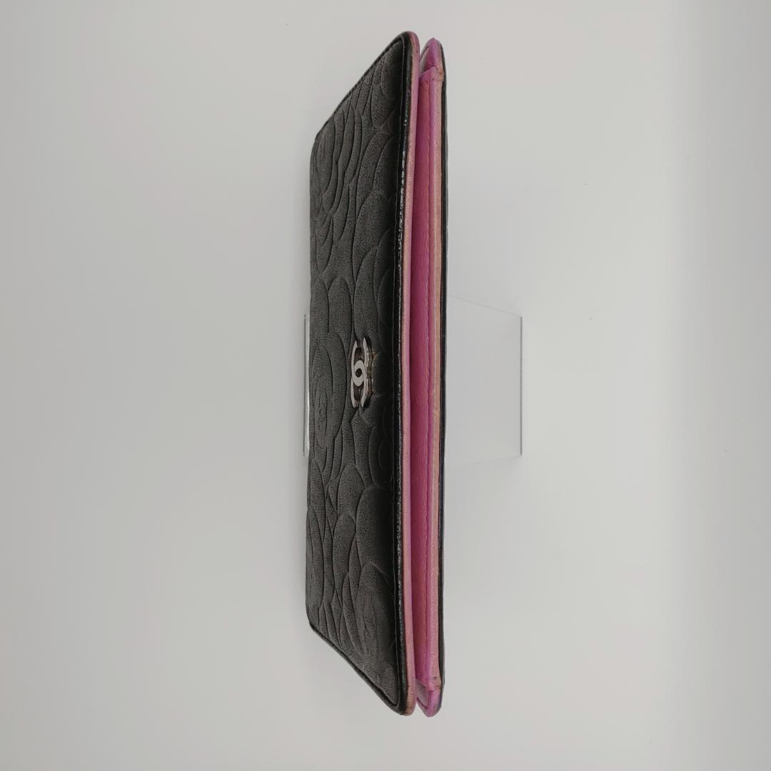 シャネル　カメリア　二つ折り　長財布　黒　ピンク　ブラック