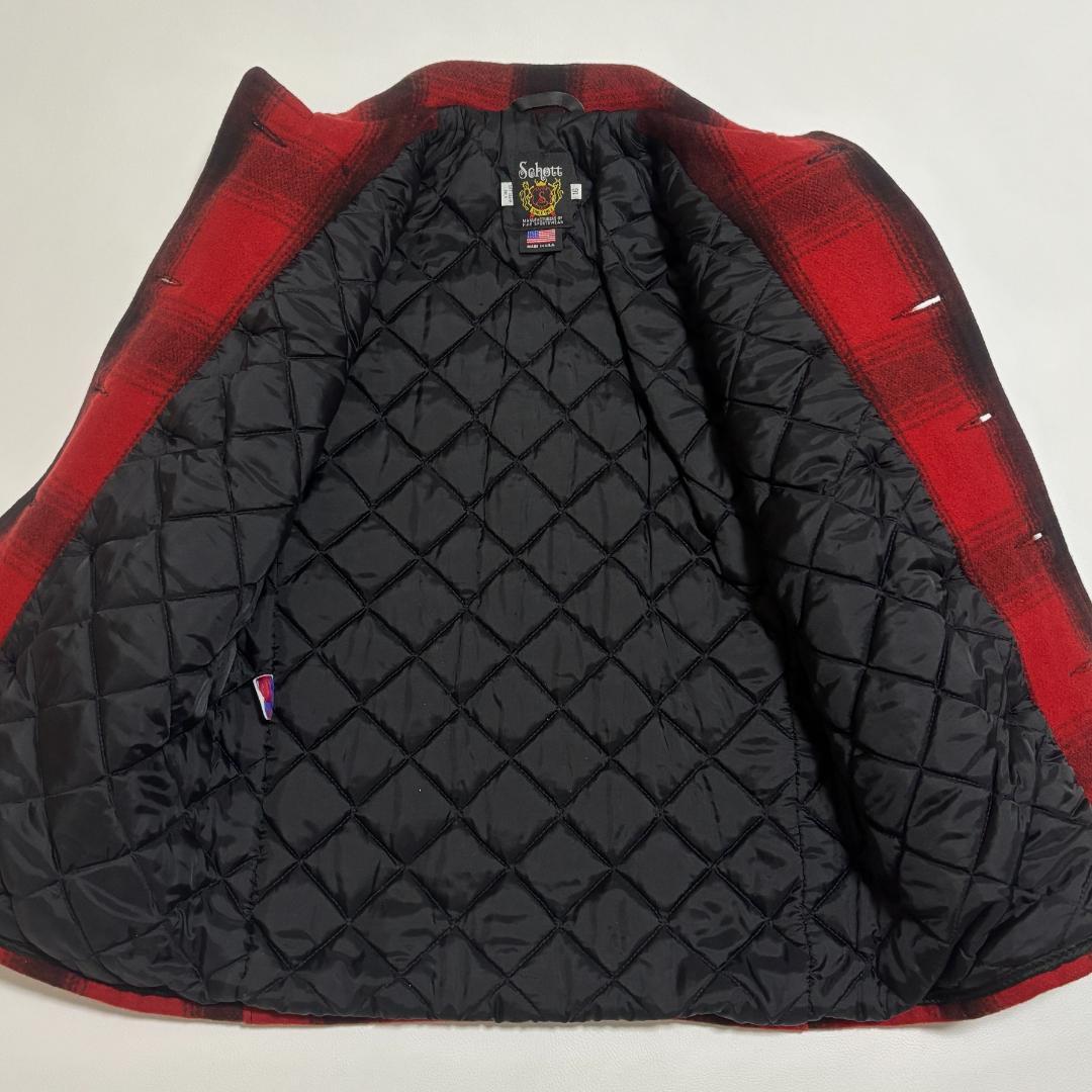 SCHOTT ピーコート USA製 オンブレチェック キルティング S 赤 黒