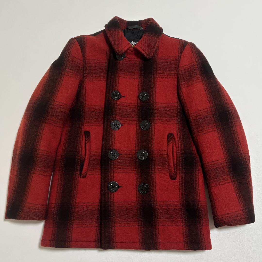 SCHOTT ピーコート USA製 オンブレチェック キルティング S 赤 黒