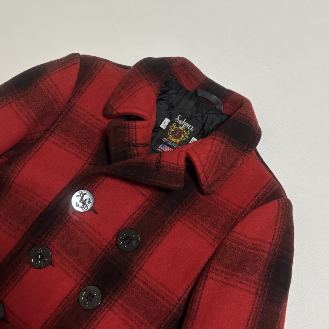 SCHOTT ピーコート USA製 オンブレチェック キルティング S 赤 黒