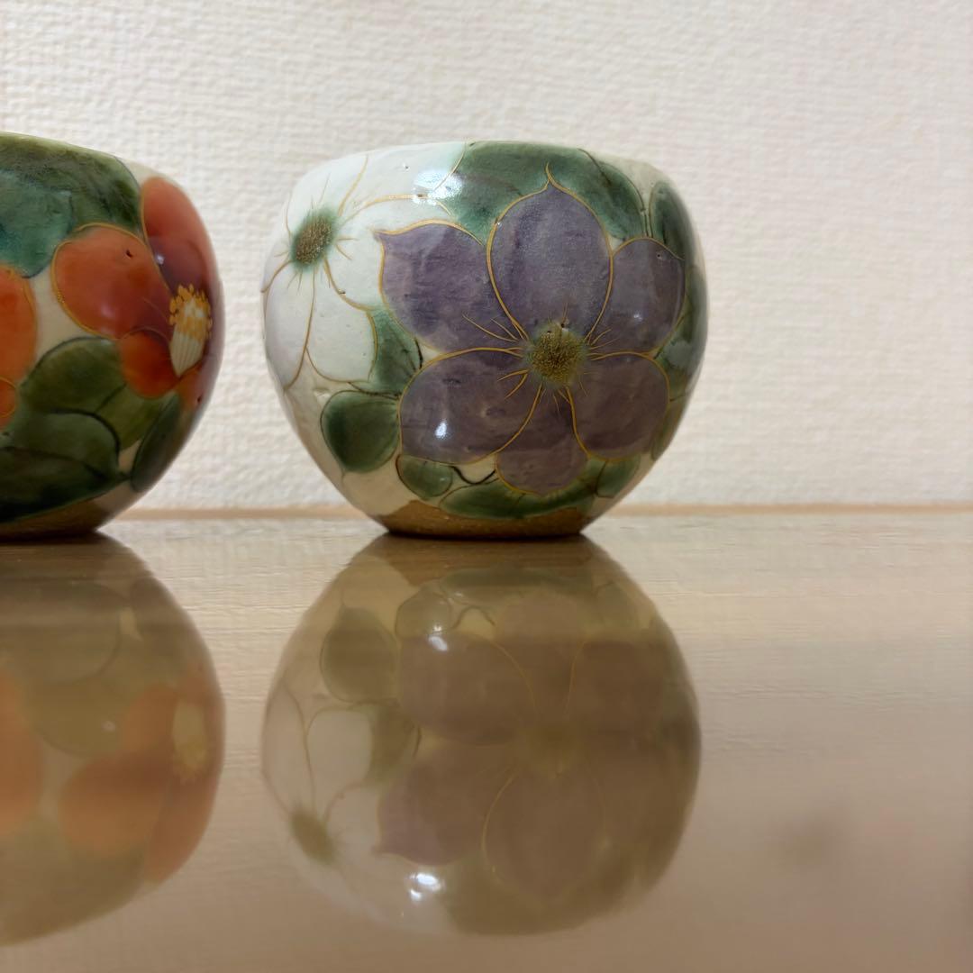 未使用★陶あん　陶葊　花変り(紅椿・鉄線) セット　お茶呑茶碗　湯呑　汲出し碗❶