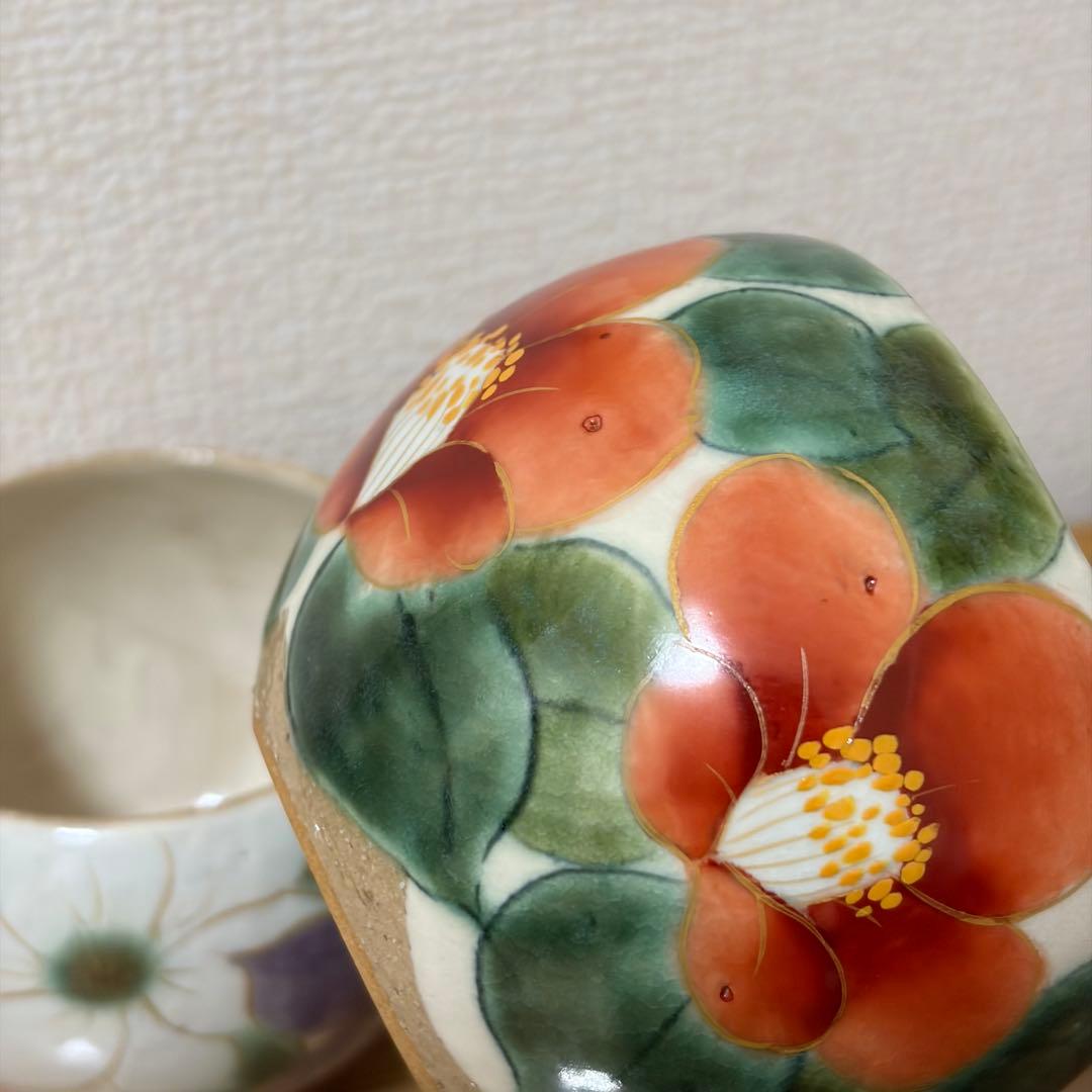 未使用★陶あん　陶葊　花変り(紅椿・鉄線) セット　お茶呑茶碗　湯呑　汲出し碗❶