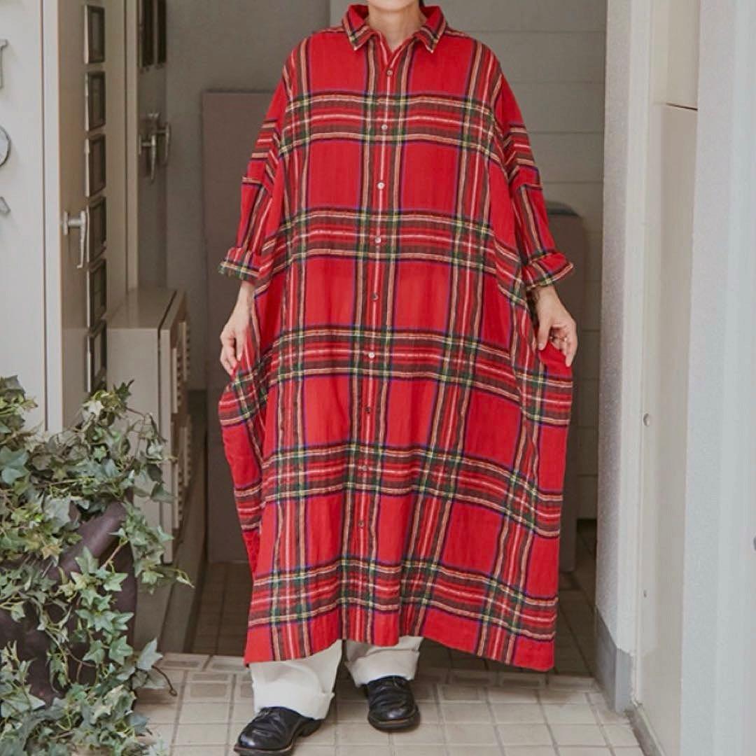 ichi Antiquités ウールタータンチェック シャツワンピース