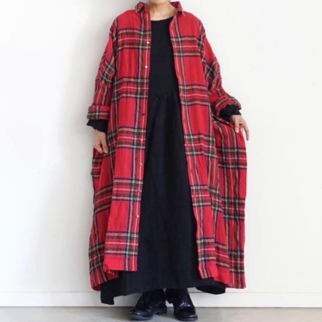 ichi Antiquités ウールタータンチェック シャツワンピース