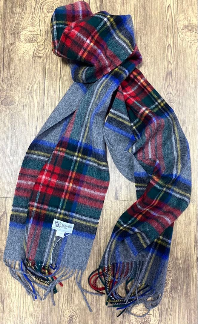 ジョンストンズ オブエルガン カシミヤ100％ 中判 ストール チェック グレー