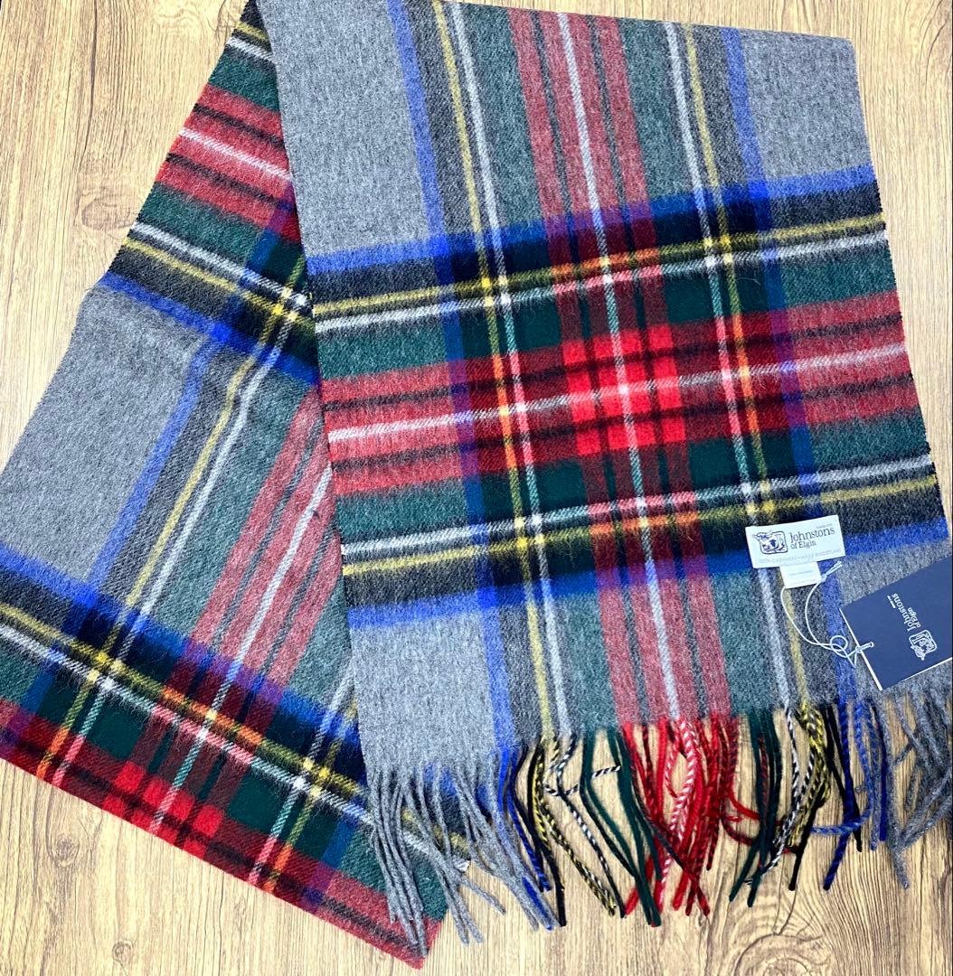 ジョンストンズ オブエルガン カシミヤ100％ 中判 ストール チェック グレー