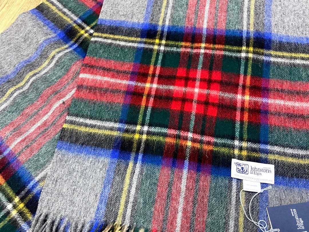 ジョンストンズ オブエルガン カシミヤ100％ 中判 ストール チェック グレー