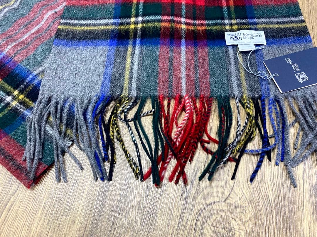 ジョンストンズ オブエルガン カシミヤ100％ 中判 ストール チェック グレー