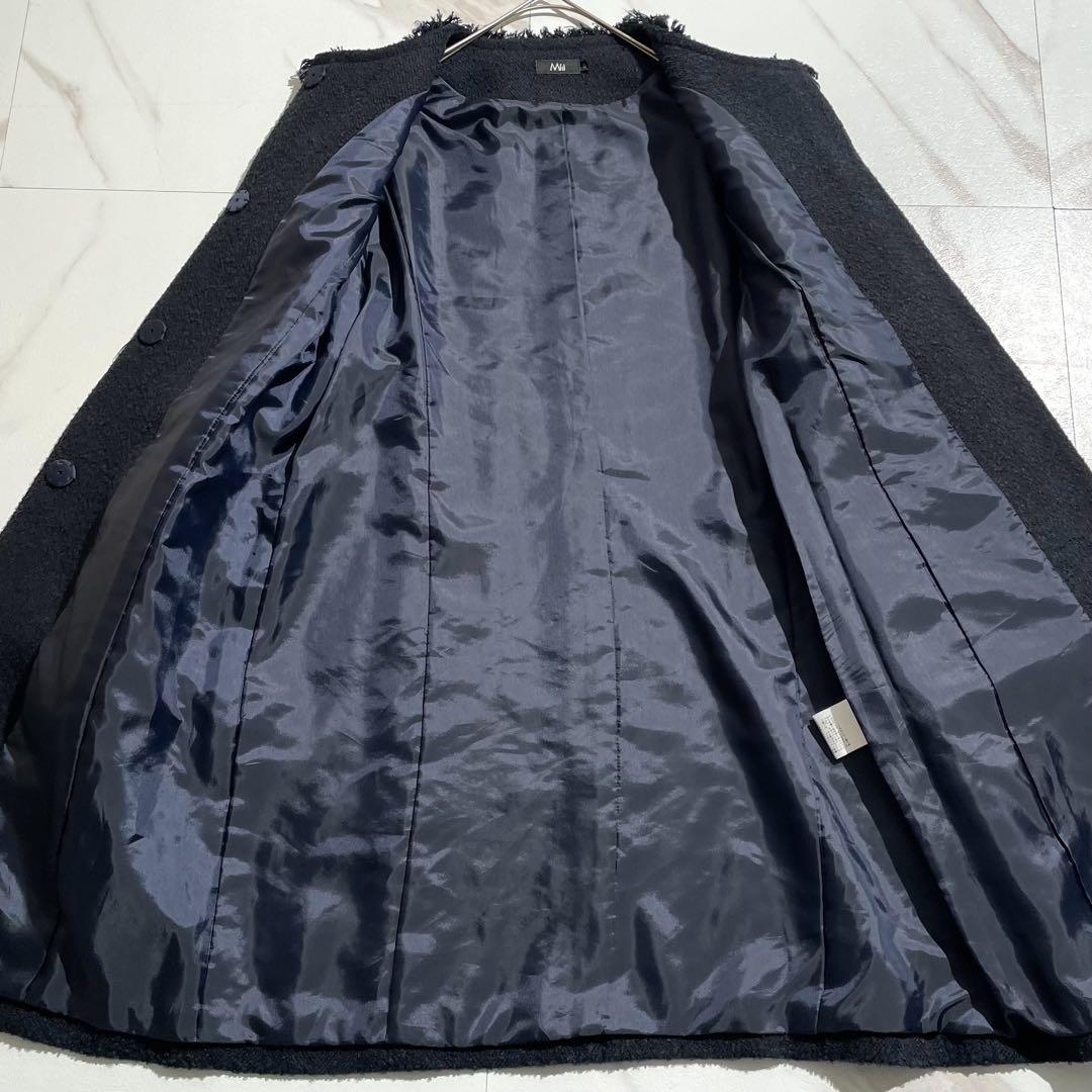 極美品 23AW エムフィル ノーカラーツイードフリンジコート ウールシルク混