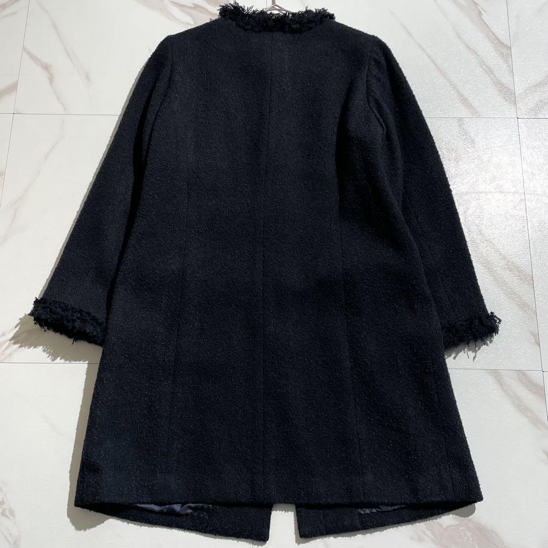 極美品 23AW エムフィル ノーカラーツイードフリンジコート ウールシルク混