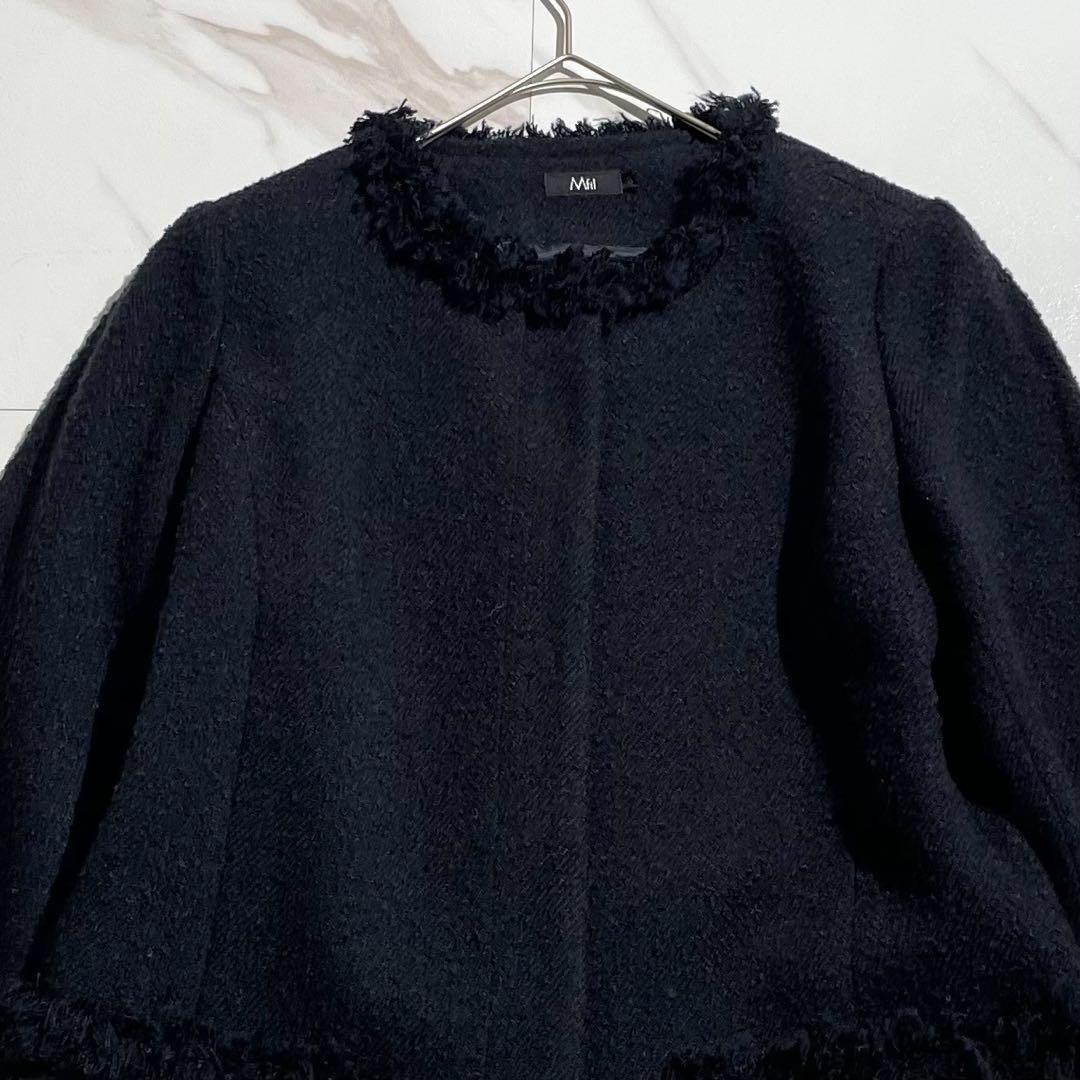 極美品 23AW エムフィル ノーカラーツイードフリンジコート ウールシルク混