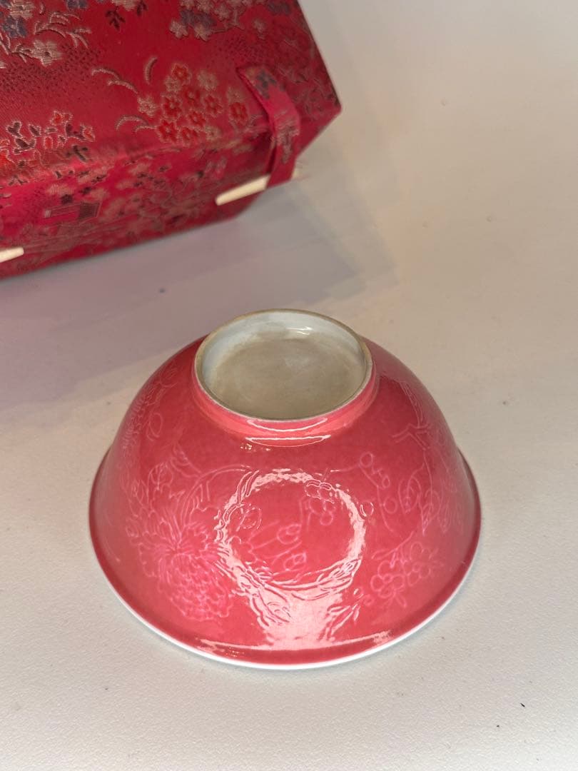 玫紅釉 粉釉 花卉文 碗　荷花・向日葵・牡丹文　中国古美術　時代物　錦箱付