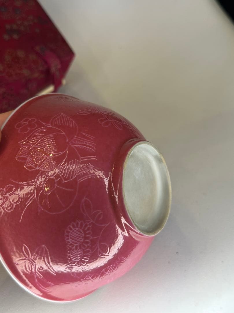 玫紅釉 粉釉 花卉文 碗　荷花・向日葵・牡丹文　中国古美術　時代物　錦箱付