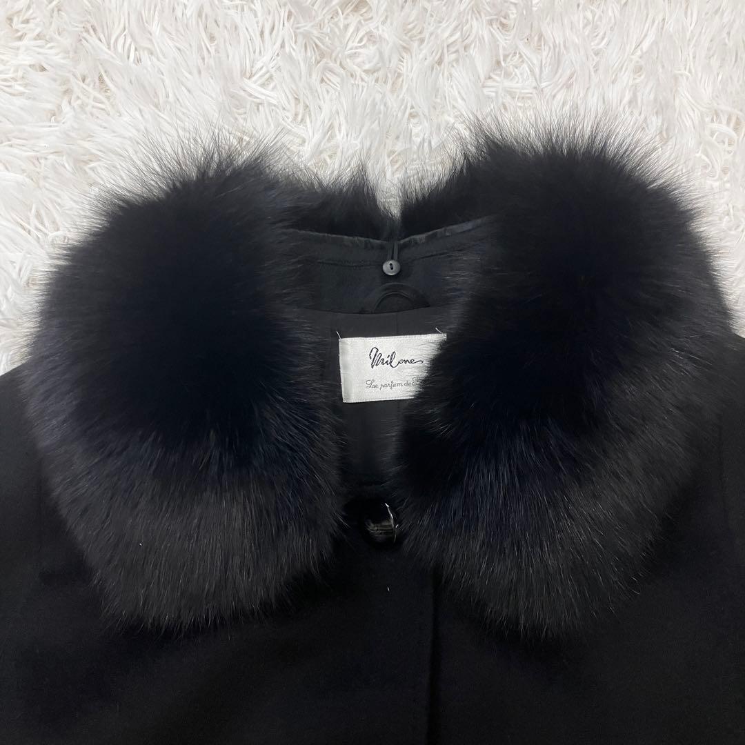 2way カシミヤ100％ ブルーフォックスファー マキシ丈 ロングコート 黒