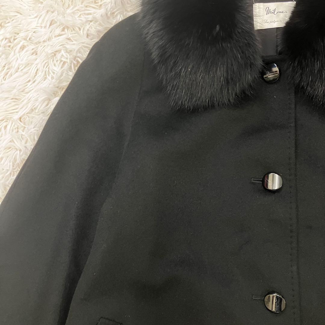 2way カシミヤ100％ ブルーフォックスファー マキシ丈 ロングコート 黒