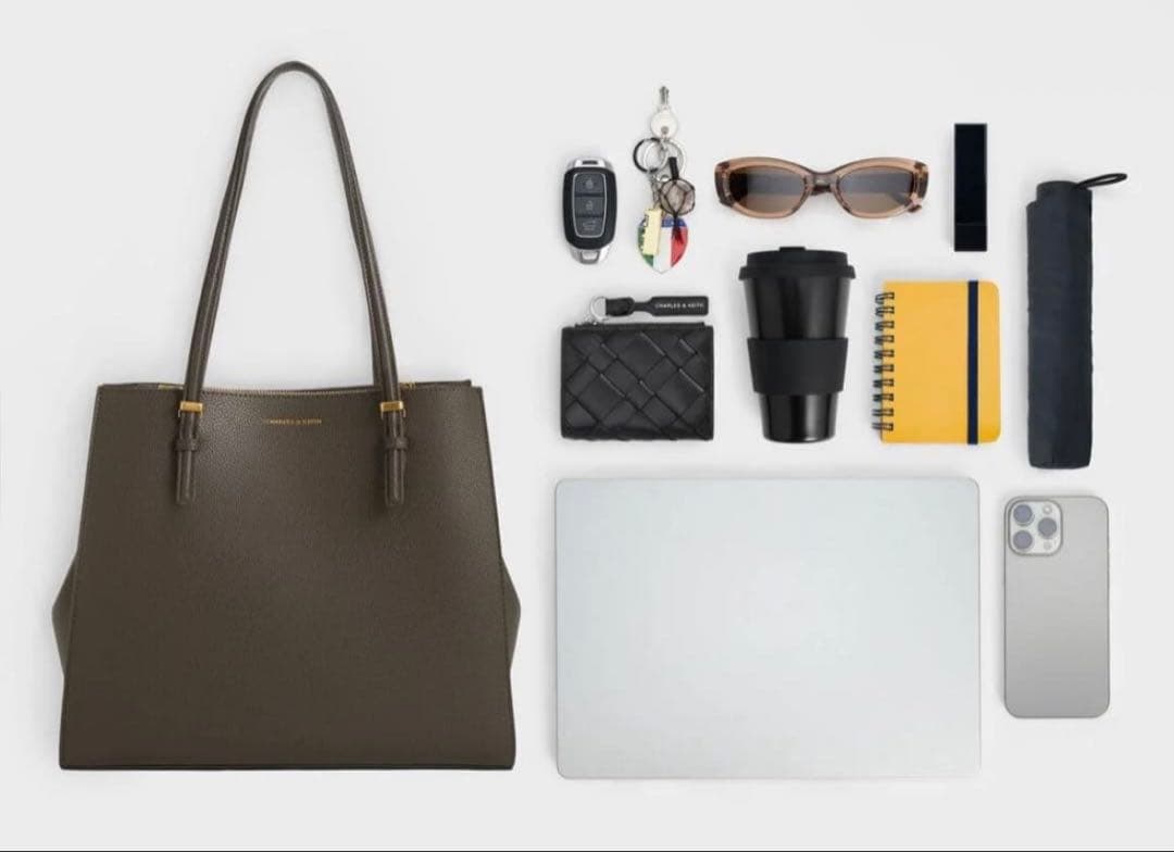 【美品】CHARLES & KEITH クラシックダブルハンドルトートバッグ