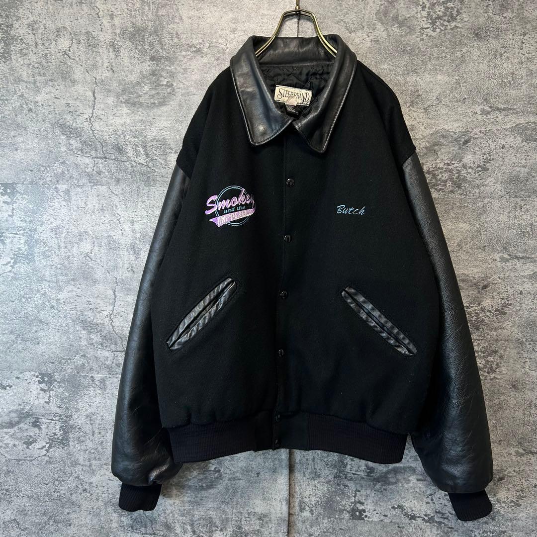 90s ヴィンテージ 刺繍　本革スタジャン　オールブラック　XL アメリカ製