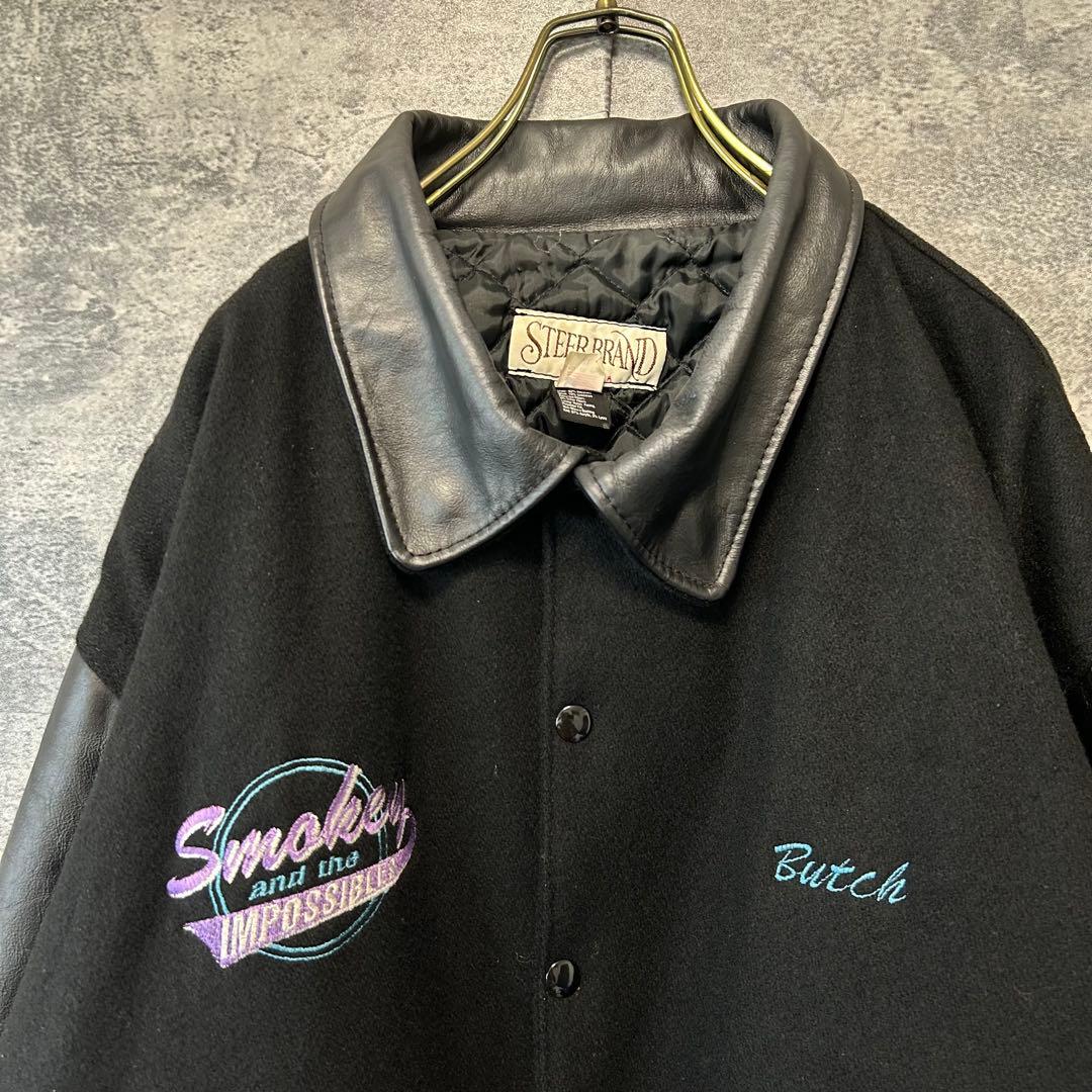 90s ヴィンテージ 刺繍　本革スタジャン　オールブラック　XL アメリカ製
