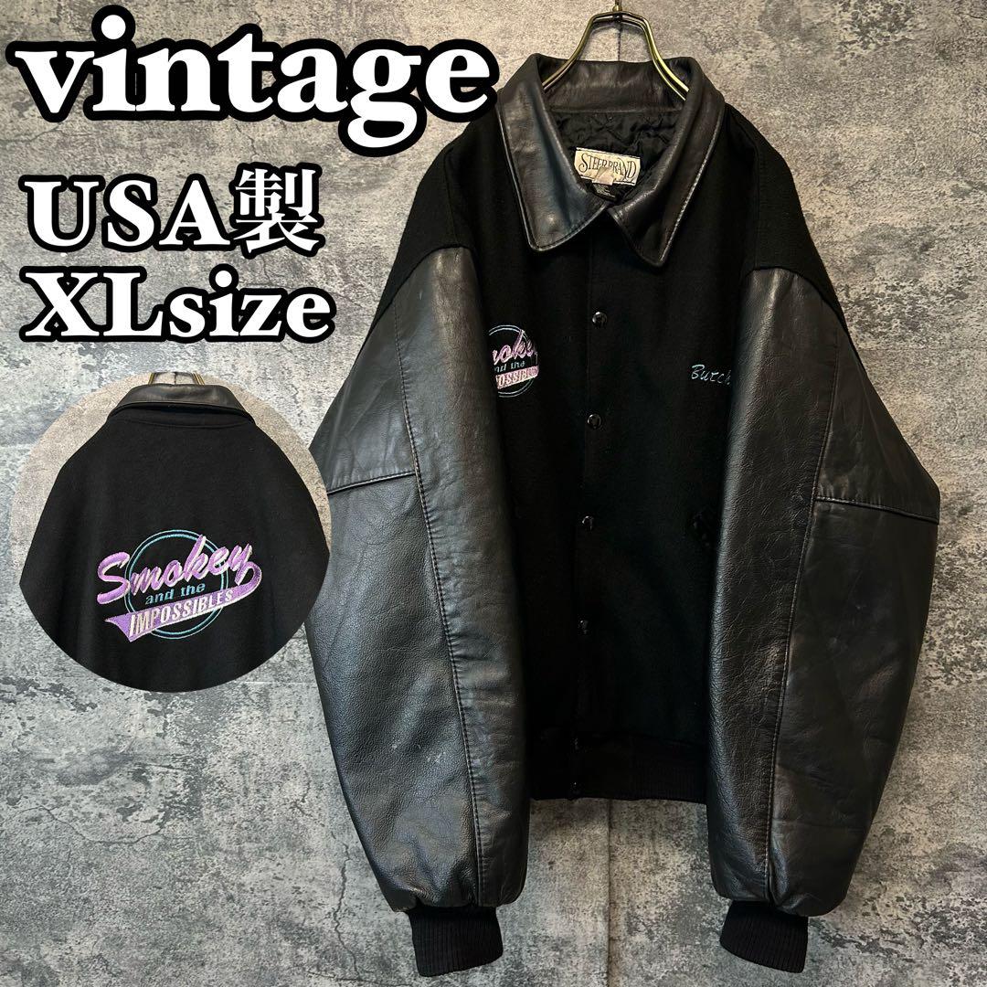 90s ヴィンテージ 刺繍　本革スタジャン　オールブラック　XL アメリカ製