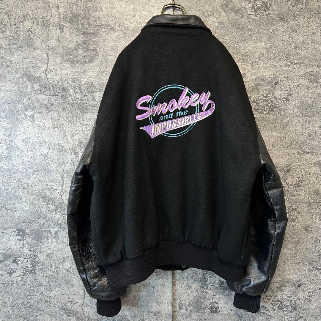 90s ヴィンテージ 刺繍　本革スタジャン　オールブラック　XL アメリカ製